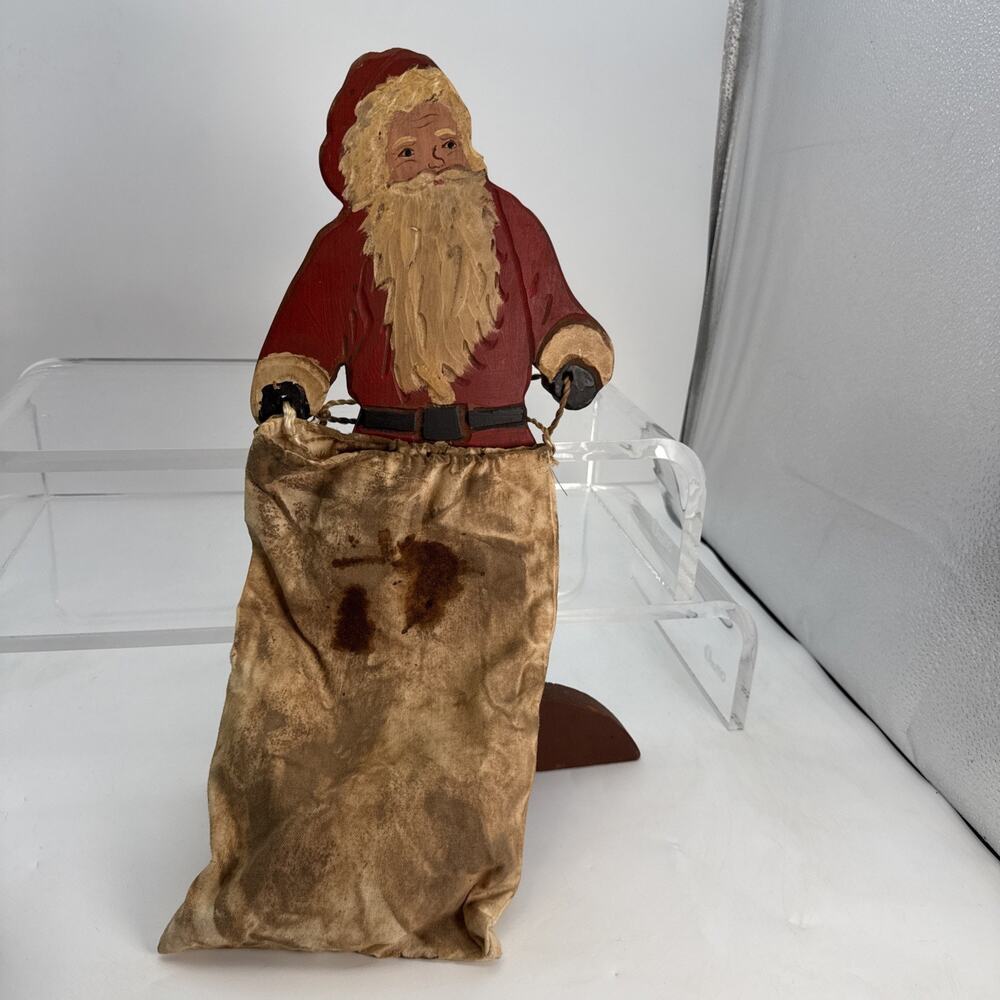 Vintage Hand Painted Wooden Folk Art Santa Artist Signed 1988 Primitive